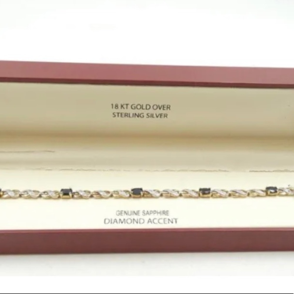 18K Gold over  Sterling Plated Diamond  & Sapphire 7.5" Bracelet 7.78g